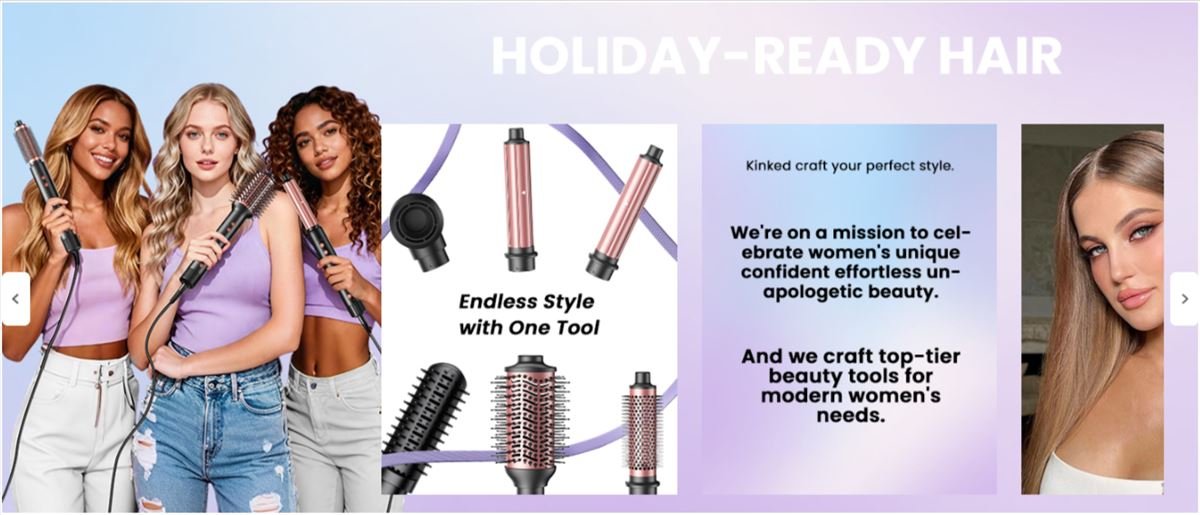 Amazon Brand Story carousel for a hair styling tool brand: models, the styling tool set and a mission statement tile