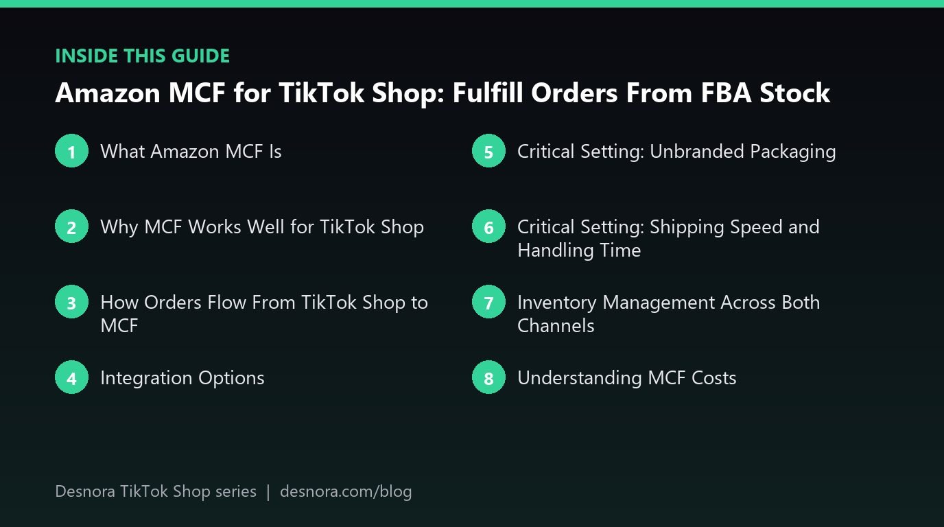 Overview of the main sections covered in Amazon MCF for TikTok Shop: Fulfill Orders From FBA Stock