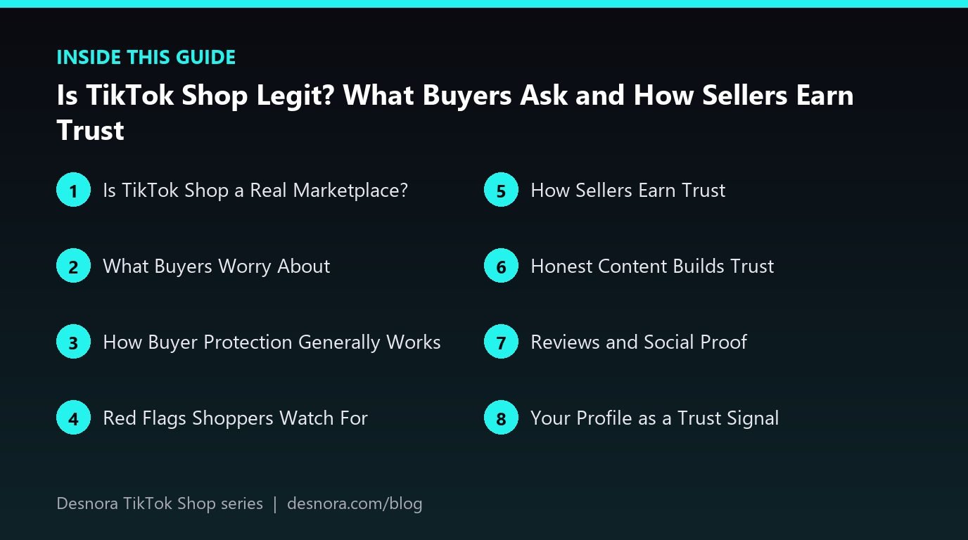 Overview of the main sections covered in Is TikTok Shop Legit? What Buyers Ask and How Sellers Earn Trust
