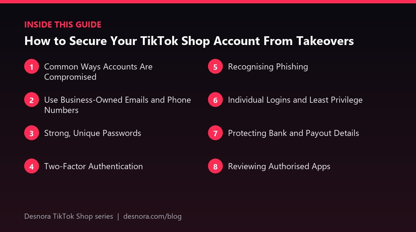 Overview of the main sections covered in How to Secure Your TikTok Shop Account From Takeovers