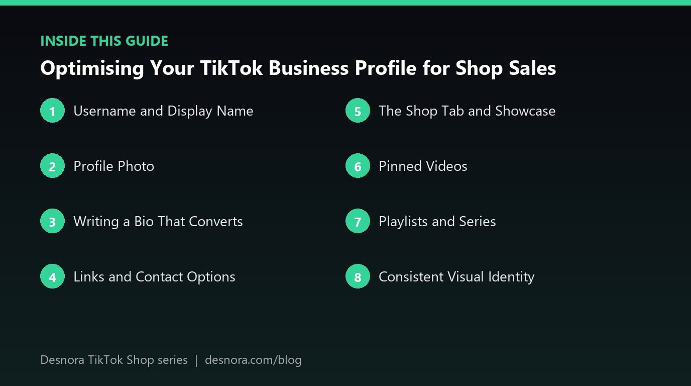 Overview of the main sections covered in Optimising Your TikTok Business Profile for Shop Sales
