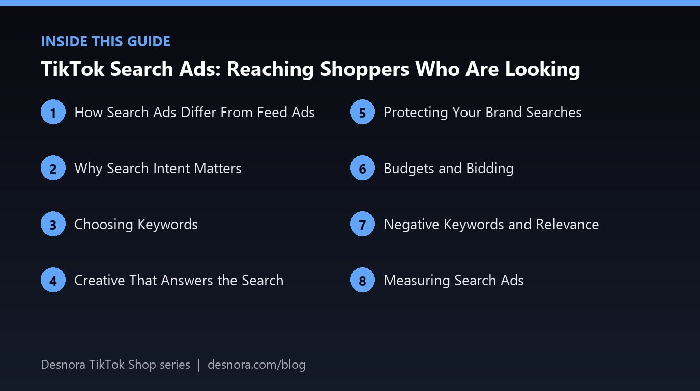 Overview of the main sections covered in TikTok Search Ads: Reaching Shoppers Who Are Looking