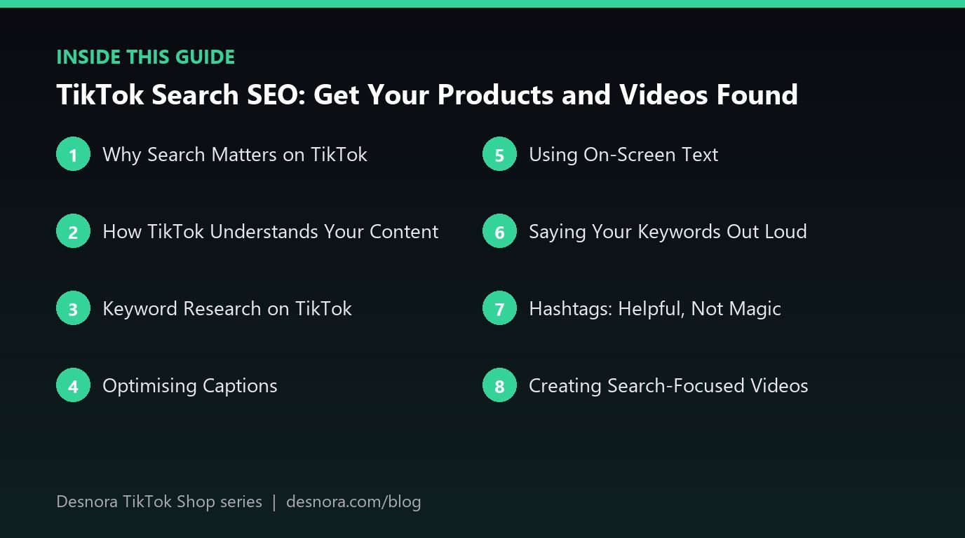 Overview of the main sections covered in TikTok Search SEO: Get Your Products and Videos Found