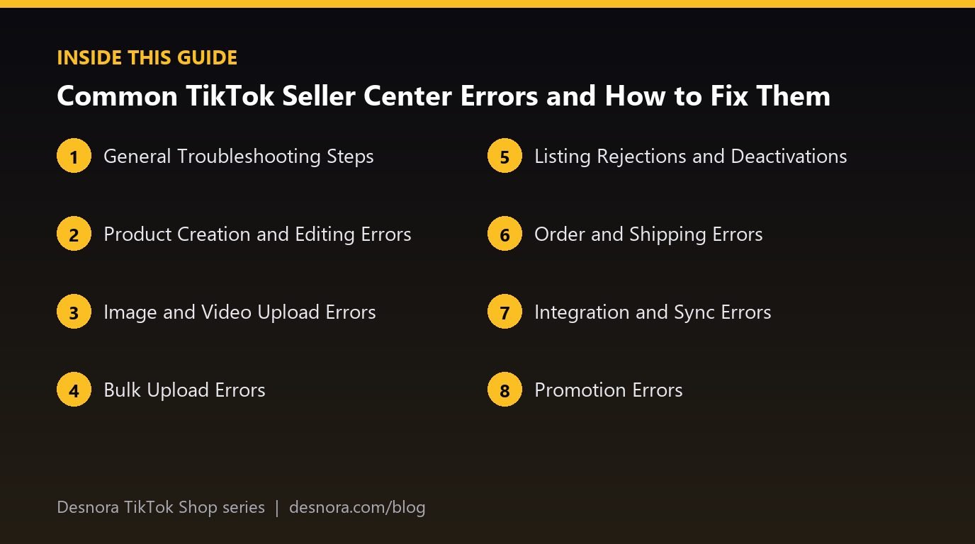 Overview of the main sections covered in Common TikTok Seller Center Errors and How to Fix Them