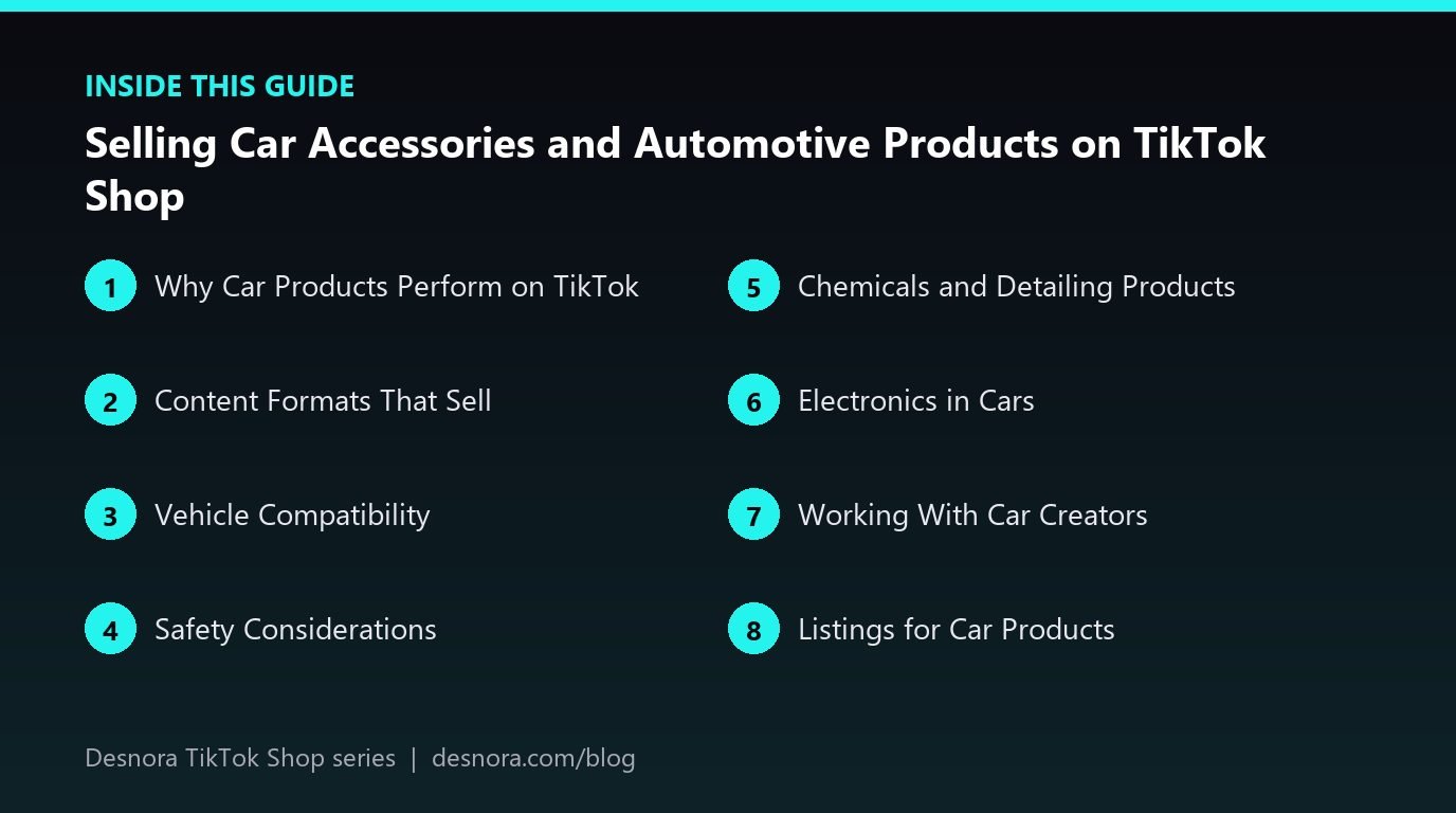 Overview of the main sections covered in Selling Car Accessories and Automotive Products on TikTok Shop