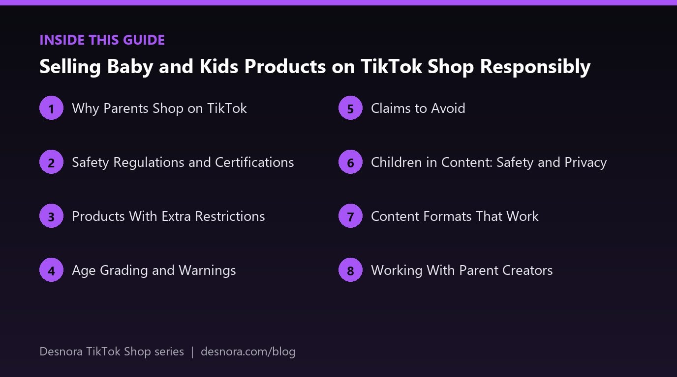 Overview of the main sections covered in Selling Baby and Kids Products on TikTok Shop Responsibly
