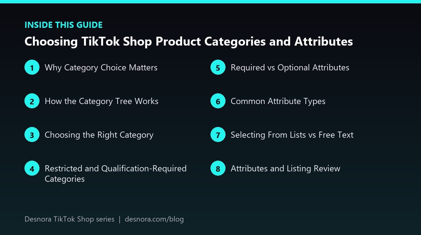 Overview of the main sections covered in Choosing TikTok Shop Product Categories and Attributes