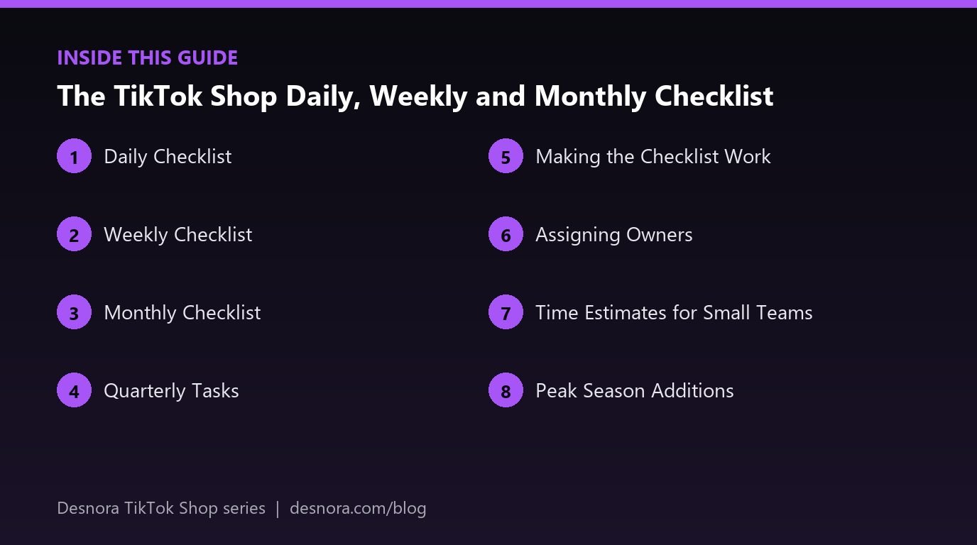 Overview of the main sections covered in The TikTok Shop Daily, Weekly and Monthly Checklist