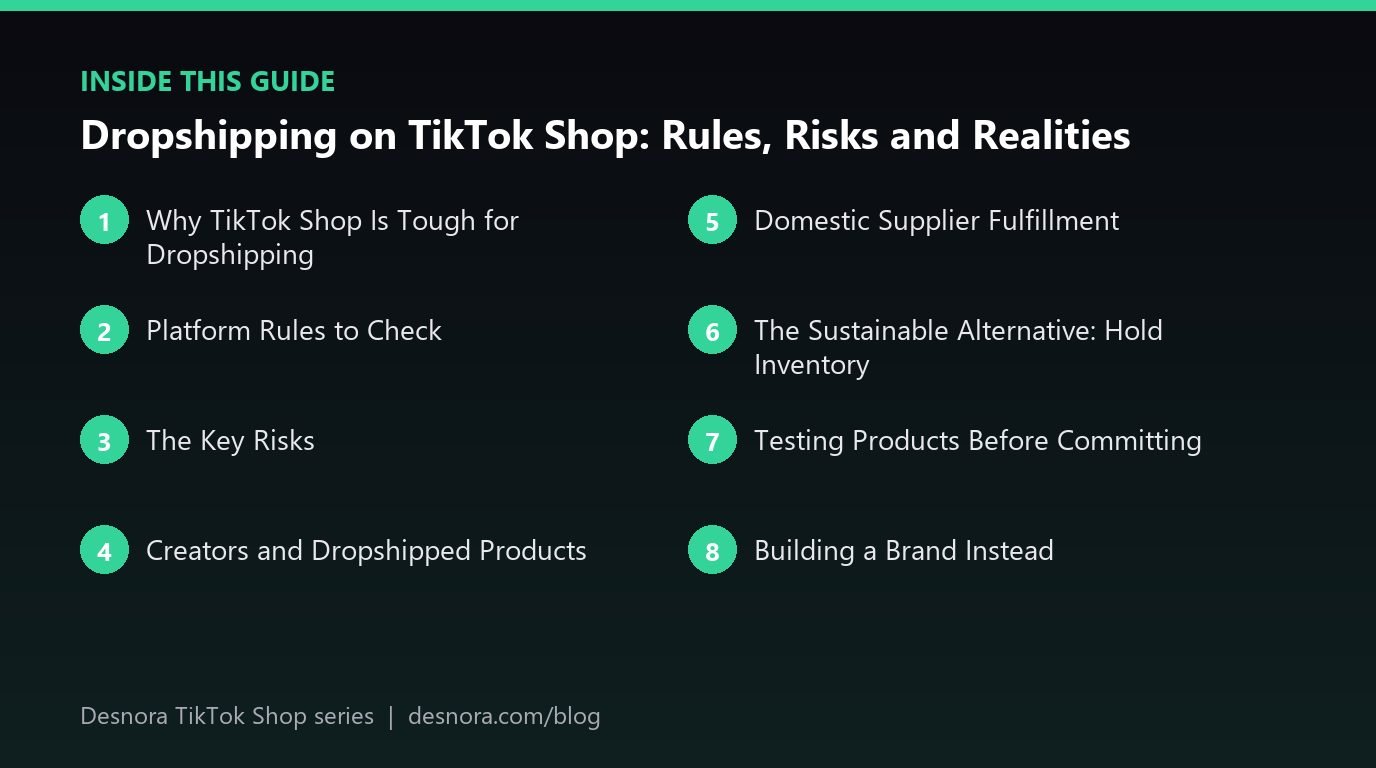 Overview of the main sections covered in Dropshipping on TikTok Shop: Rules, Risks and Realities