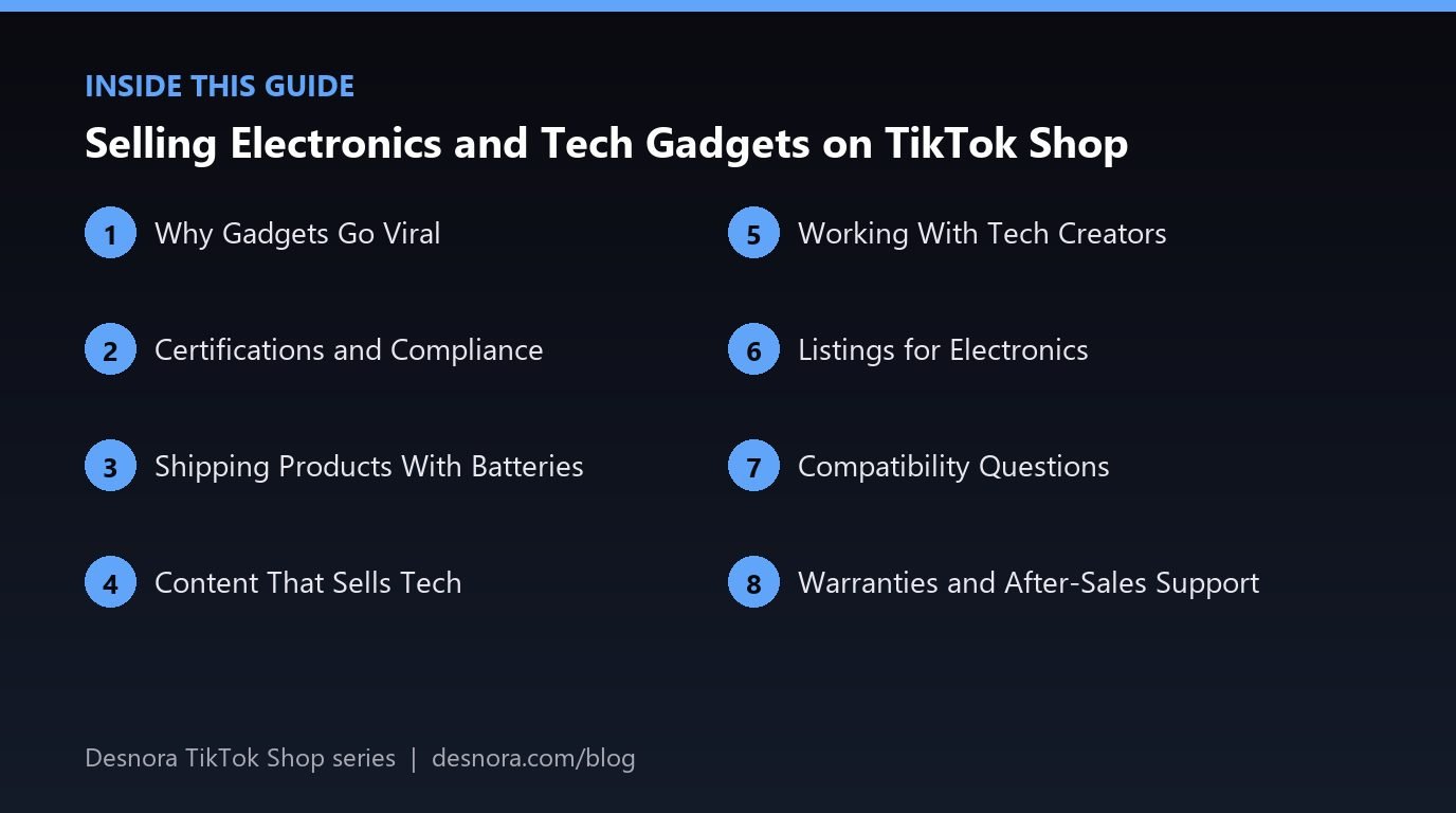 Overview of the main sections covered in Selling Electronics and Tech Gadgets on TikTok Shop