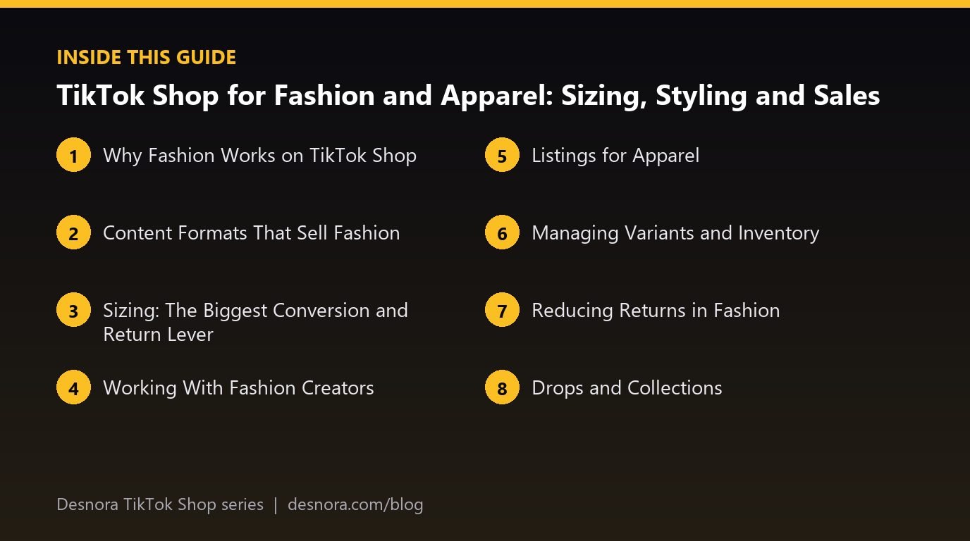 Overview of the main sections covered in TikTok Shop for Fashion and Apparel: Sizing, Styling and Sales