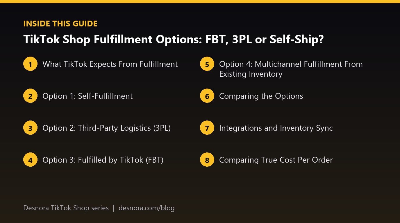 Overview of the main sections covered in TikTok Shop Fulfillment Options: FBT, 3PL or Self-Ship?