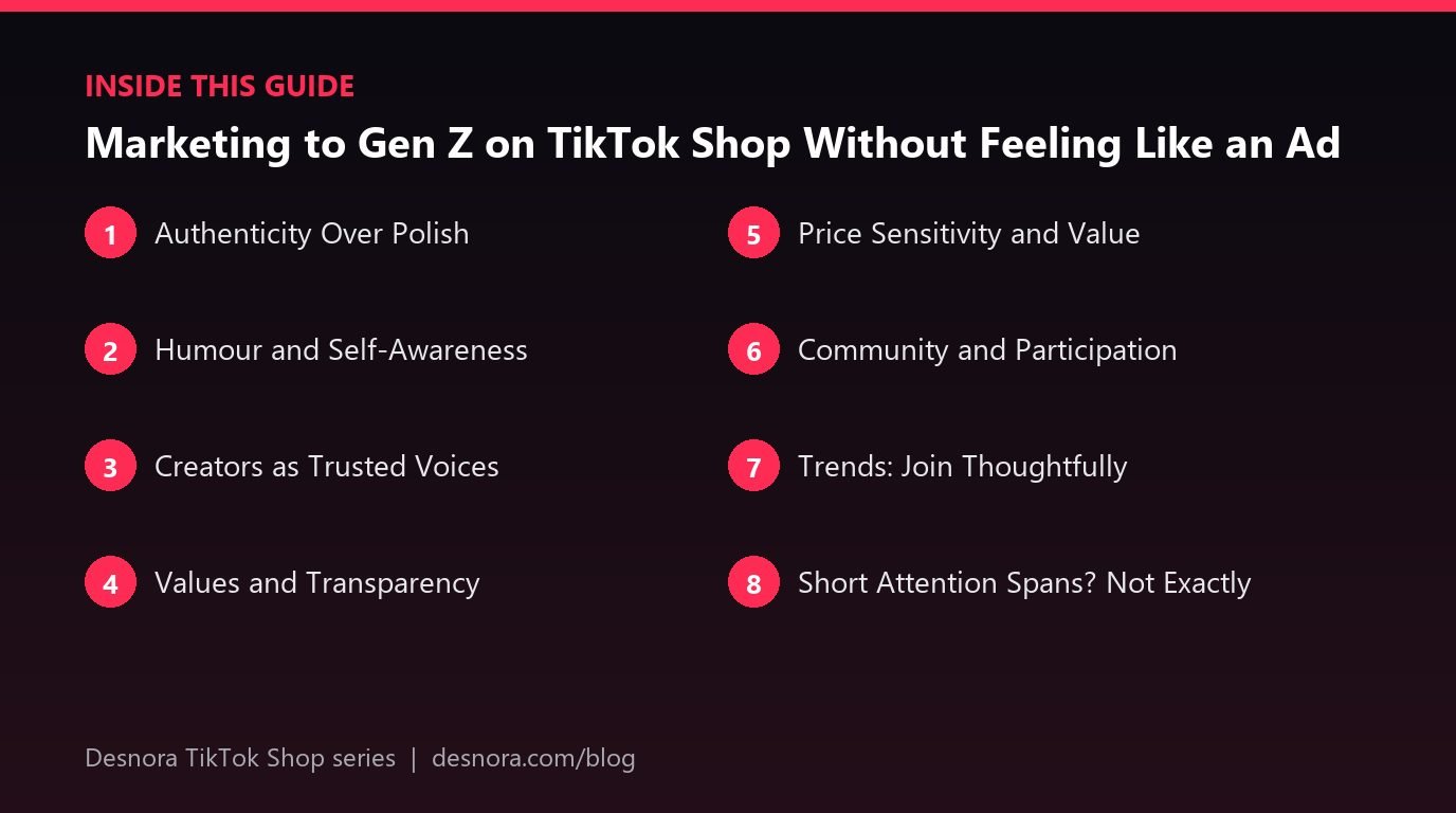 Overview of the main sections covered in Marketing to Gen Z on TikTok Shop Without Feeling Like an Ad