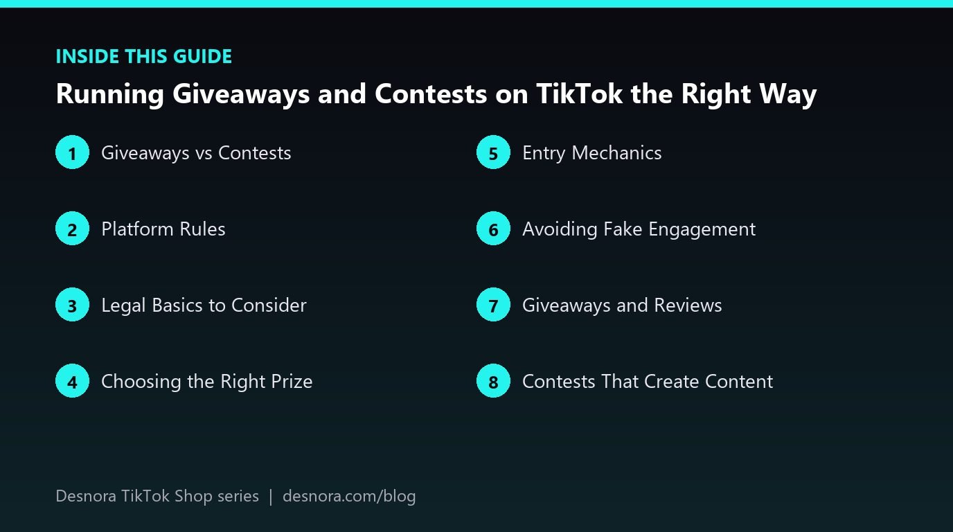 Overview of the main sections covered in Running Giveaways and Contests on TikTok the Right Way