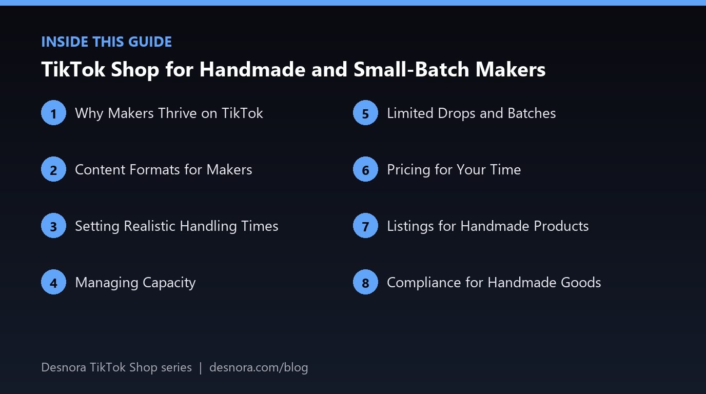 Overview of the main sections covered in TikTok Shop for Handmade and Small-Batch Makers