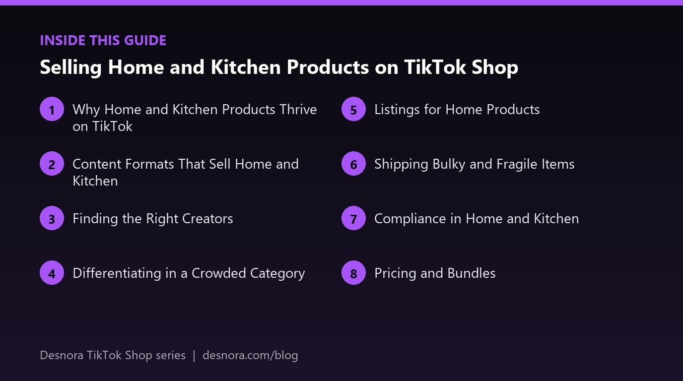 Overview of the main sections covered in Selling Home and Kitchen Products on TikTok Shop