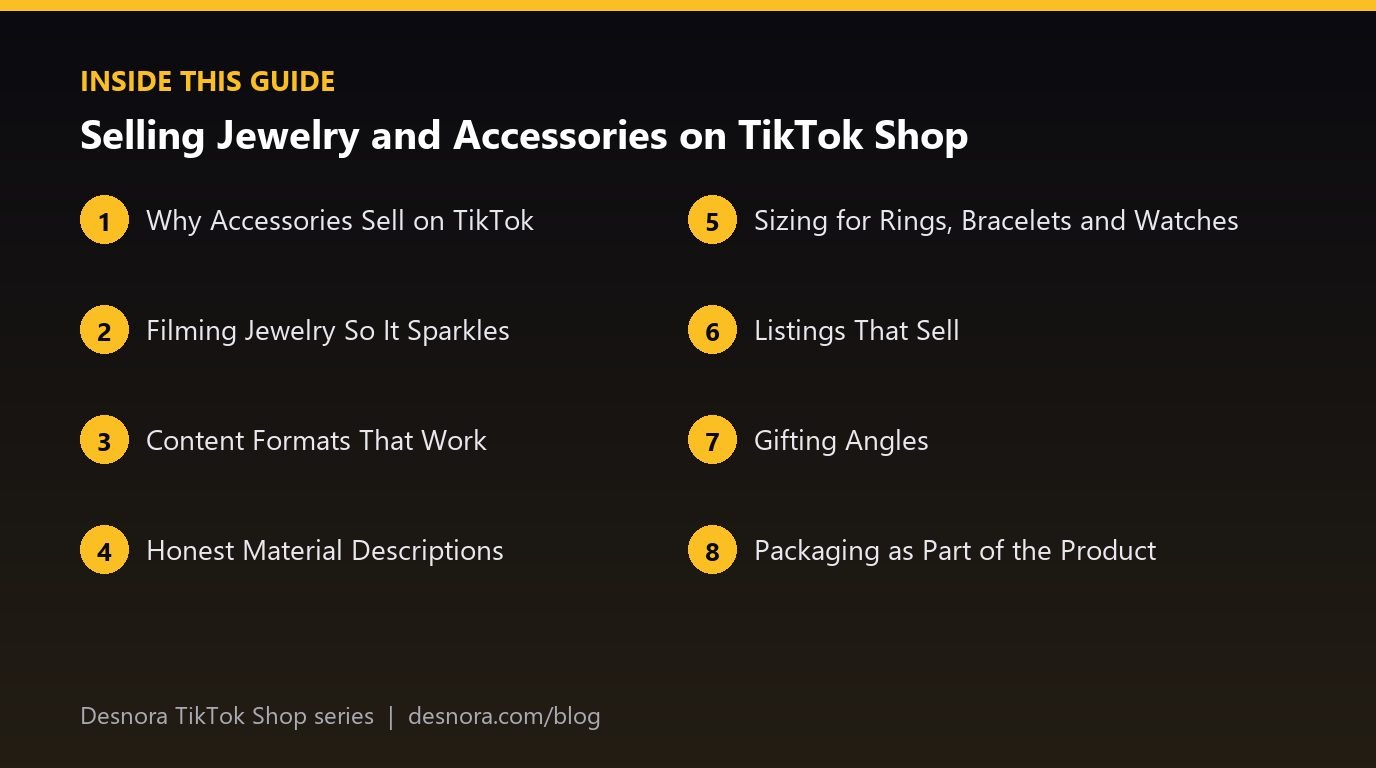 Overview of the main sections covered in Selling Jewelry and Accessories on TikTok Shop