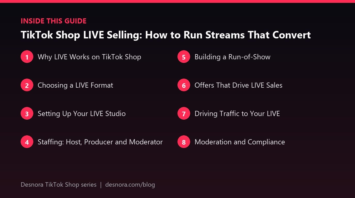 Overview of the main sections covered in TikTok Shop LIVE Selling: How to Run Streams That Convert