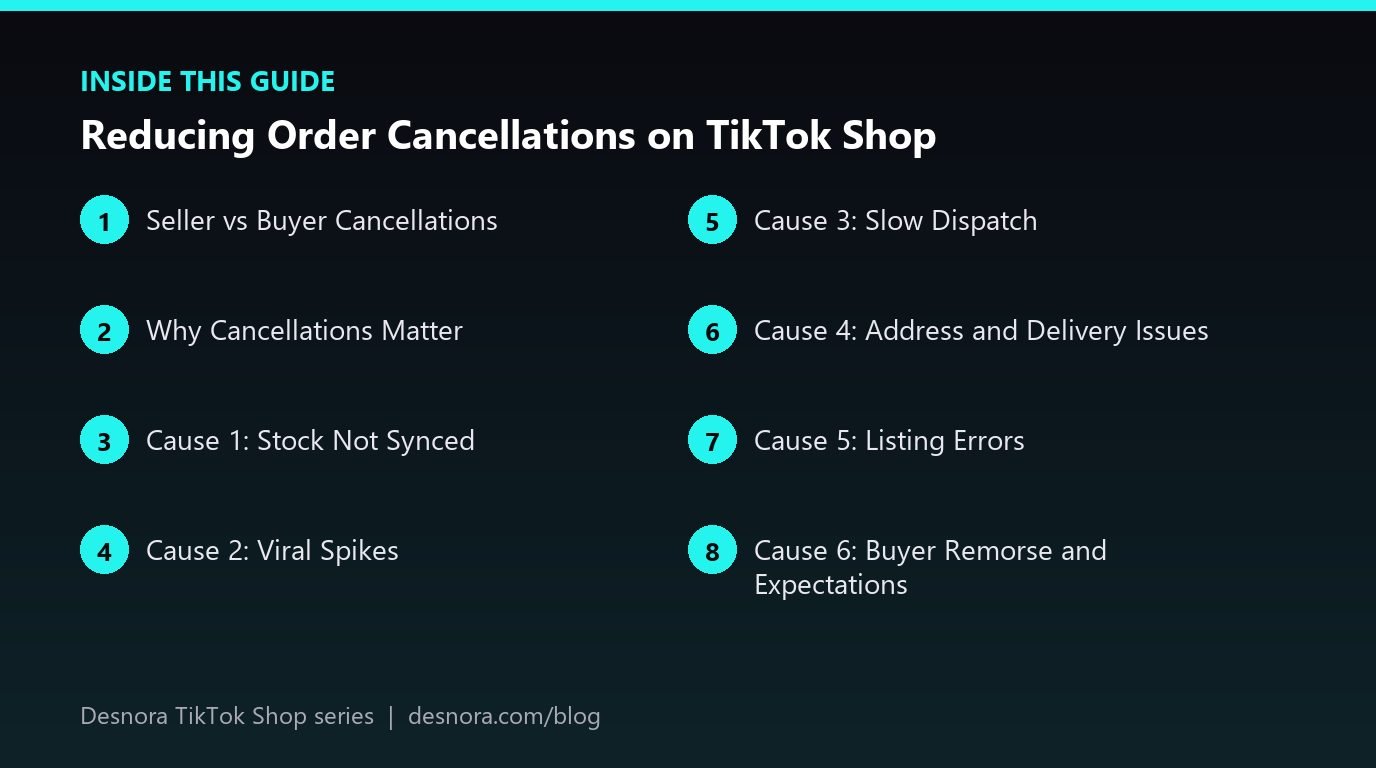 Overview of the main sections covered in Reducing Order Cancellations on TikTok Shop