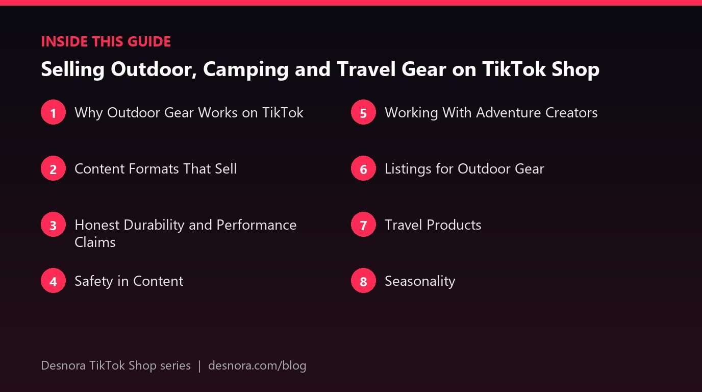 Overview of the main sections covered in Selling Outdoor, Camping and Travel Gear on TikTok Shop