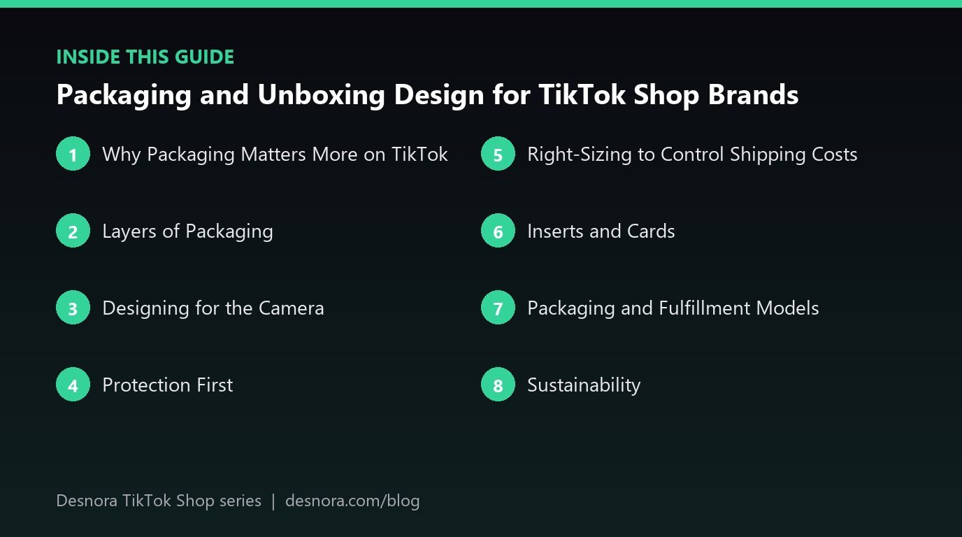 Overview of the main sections covered in Packaging and Unboxing Design for TikTok Shop Brands