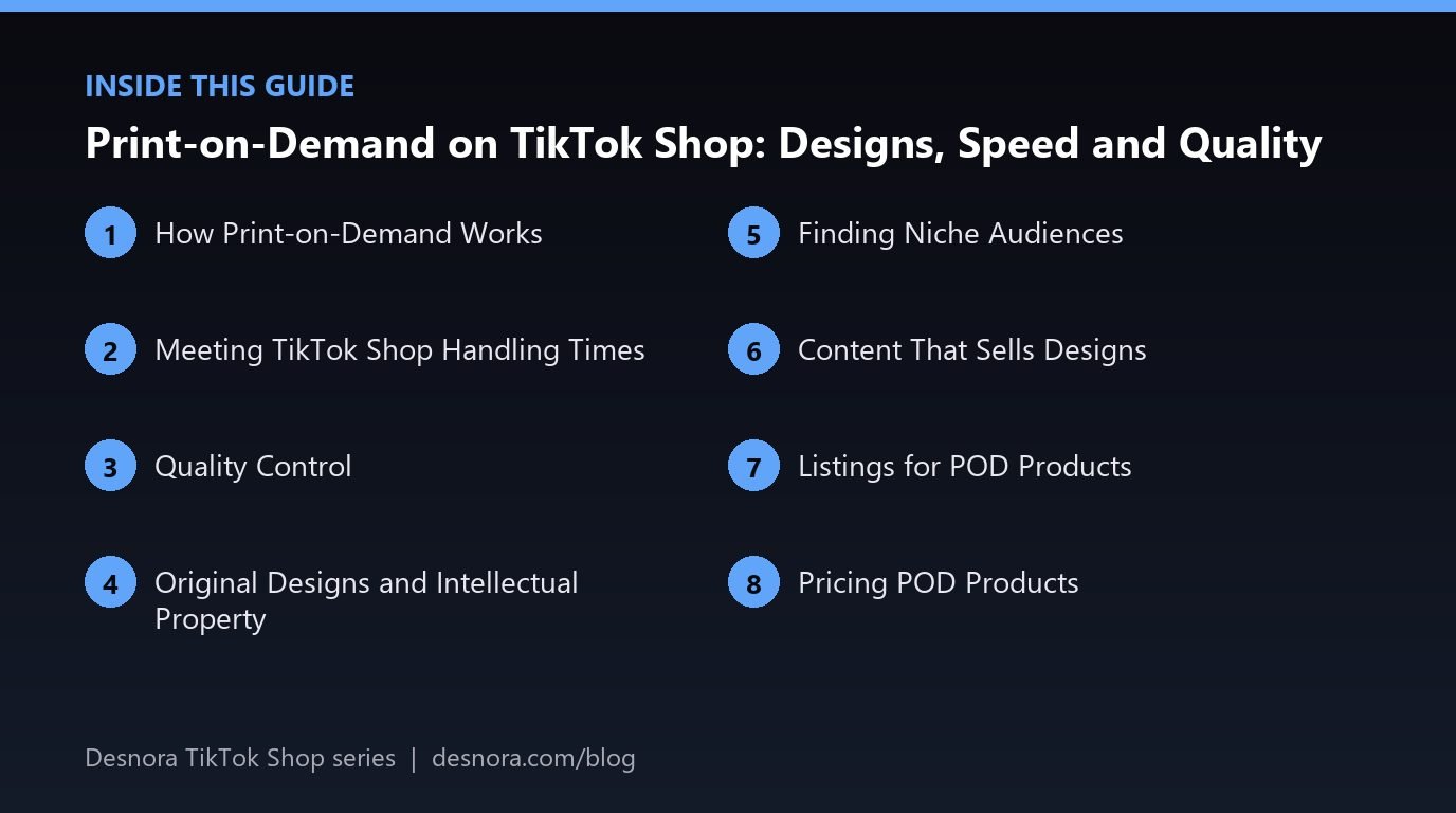 Overview of the main sections covered in Print-on-Demand on TikTok Shop: Designs, Speed and Quality