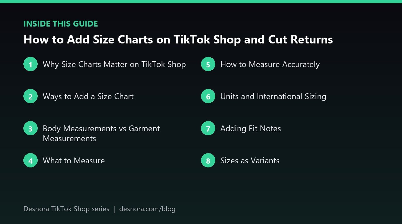 Overview of the main sections covered in How to Add Size Charts on TikTok Shop and Cut Returns