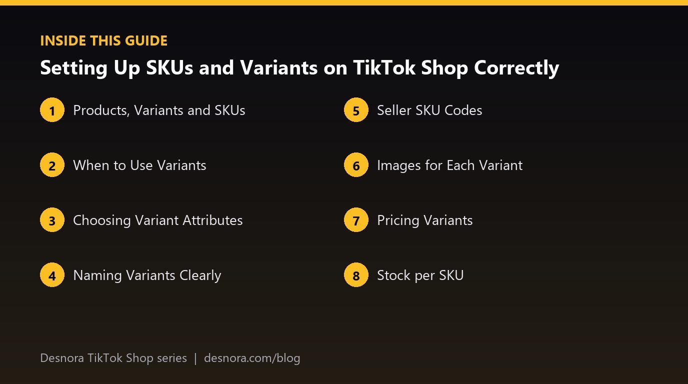 Overview of the main sections covered in Setting Up SKUs and Variants on TikTok Shop Correctly