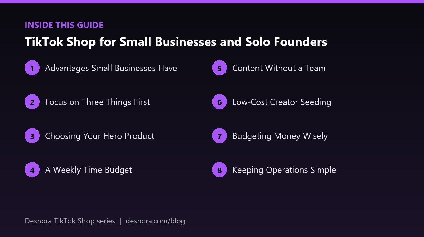 Overview of the main sections covered in TikTok Shop for Small Businesses and Solo Founders