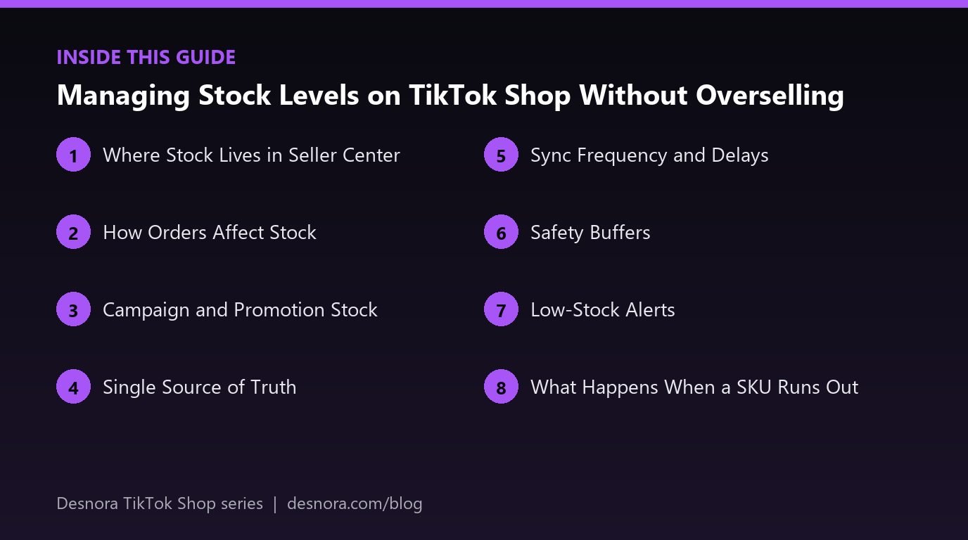 Overview of the main sections covered in Managing Stock Levels on TikTok Shop Without Overselling