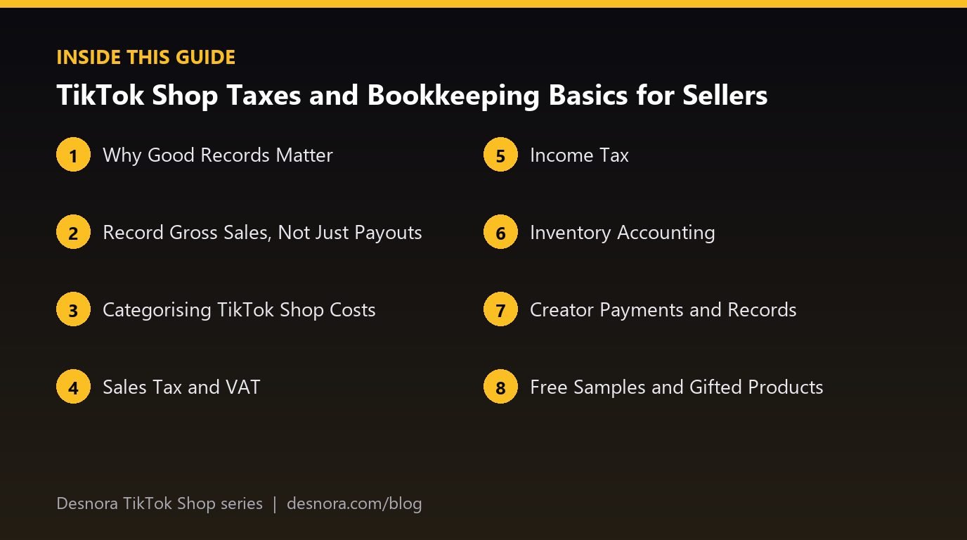 Overview of the main sections covered in TikTok Shop Taxes and Bookkeeping Basics for Sellers