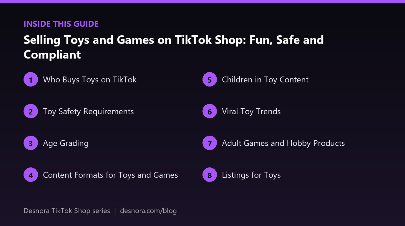 Overview of the main sections covered in Selling Toys and Games on TikTok Shop: Fun, Safe and Compliant