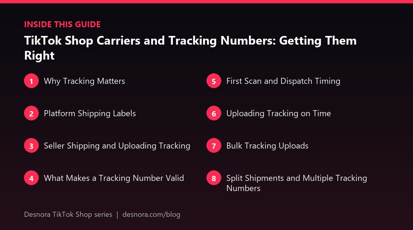 Overview of the main sections covered in TikTok Shop Carriers and Tracking Numbers: Getting Them Right