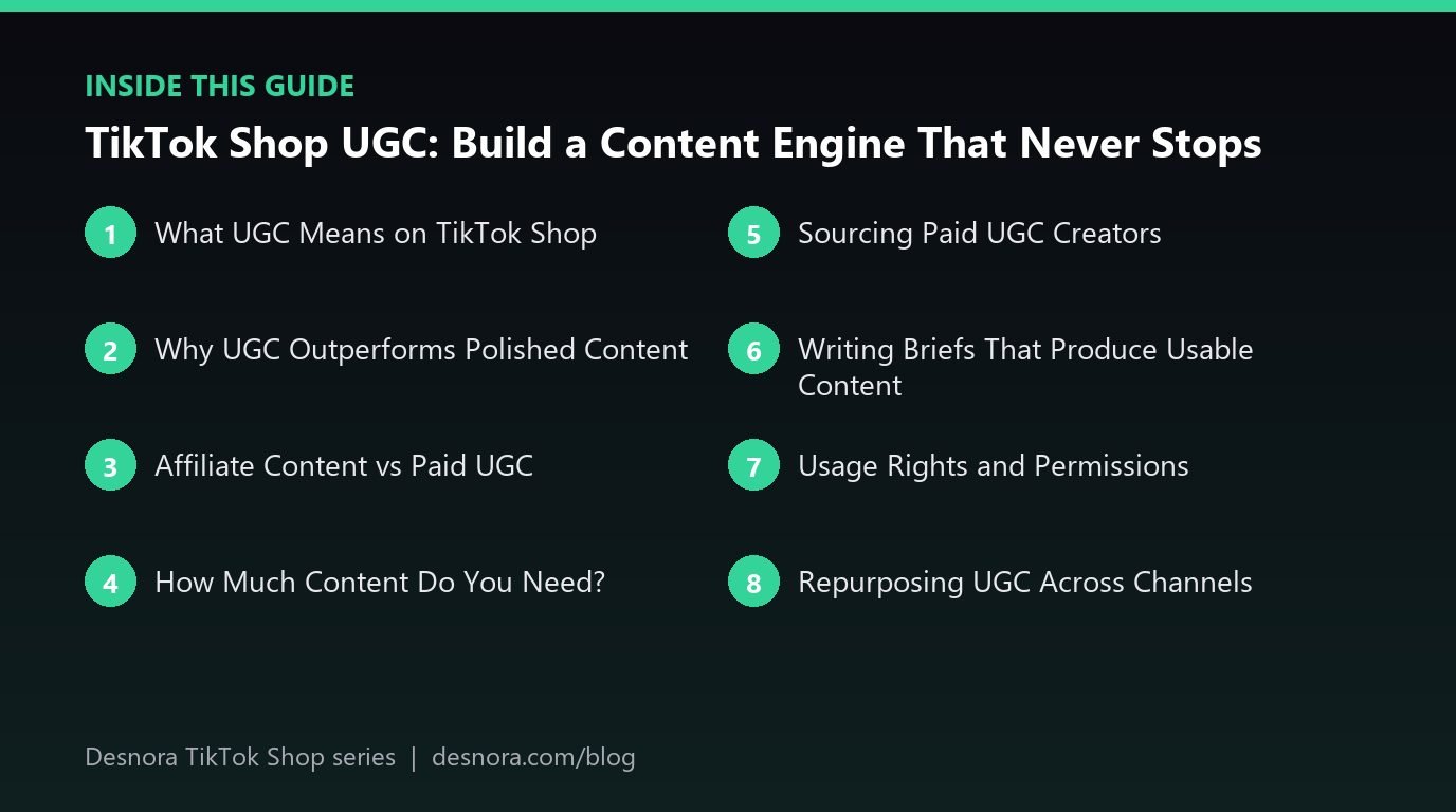 Overview of the main sections covered in TikTok Shop UGC: Build a Content Engine That Never Stops